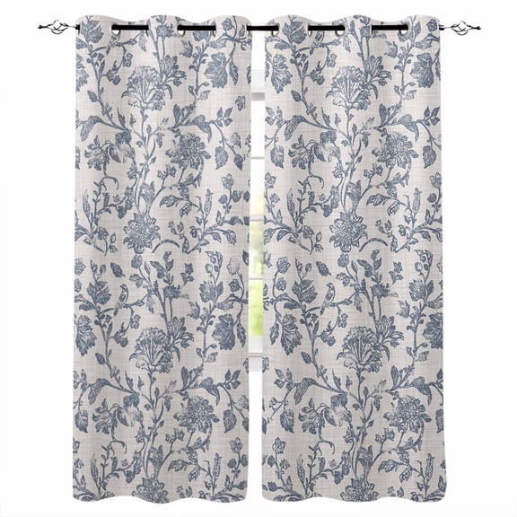 Blue Floral Blackout Curtains for Bedroom/Living Room, Thermal Insulated Kitchen Curtains, Farmhouse Vintage Flower Leaf Botanical Grommet Darkening Window Treatment Drapes 27.5"x39"x2