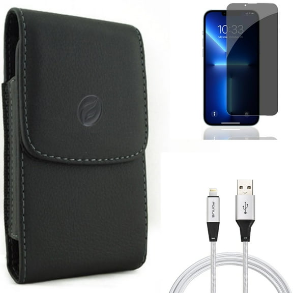 Privacy Screen Protector & Case Belt Clip & 10ft USB Cable for iPhone 13/Pro - Combo with Tempered Glass Curved Anti-Spy & Leather Holster Cover & Charger Cord Power Wire