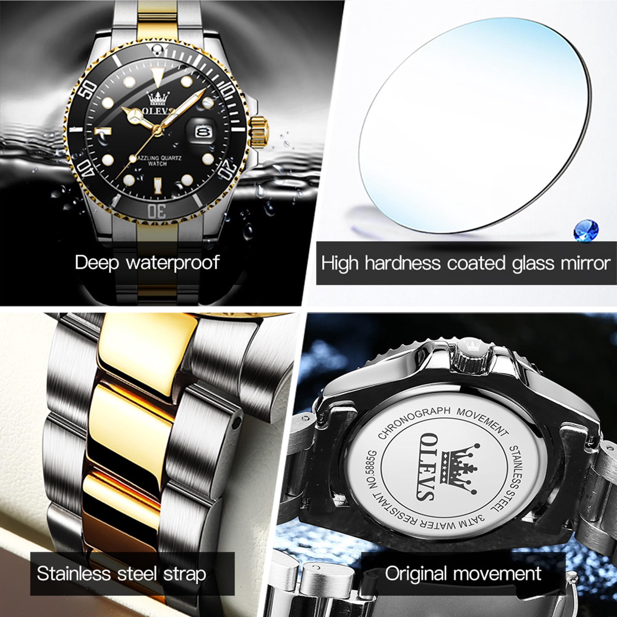 OLEVS Watches for Men Luxury Classic Dress Analog Quartz Fashion Two Tone Gold Plated Stainless Steel Date Waterproof Luminous Mens Wrist Watches Reloj Para Hombre Green/Black/Blue