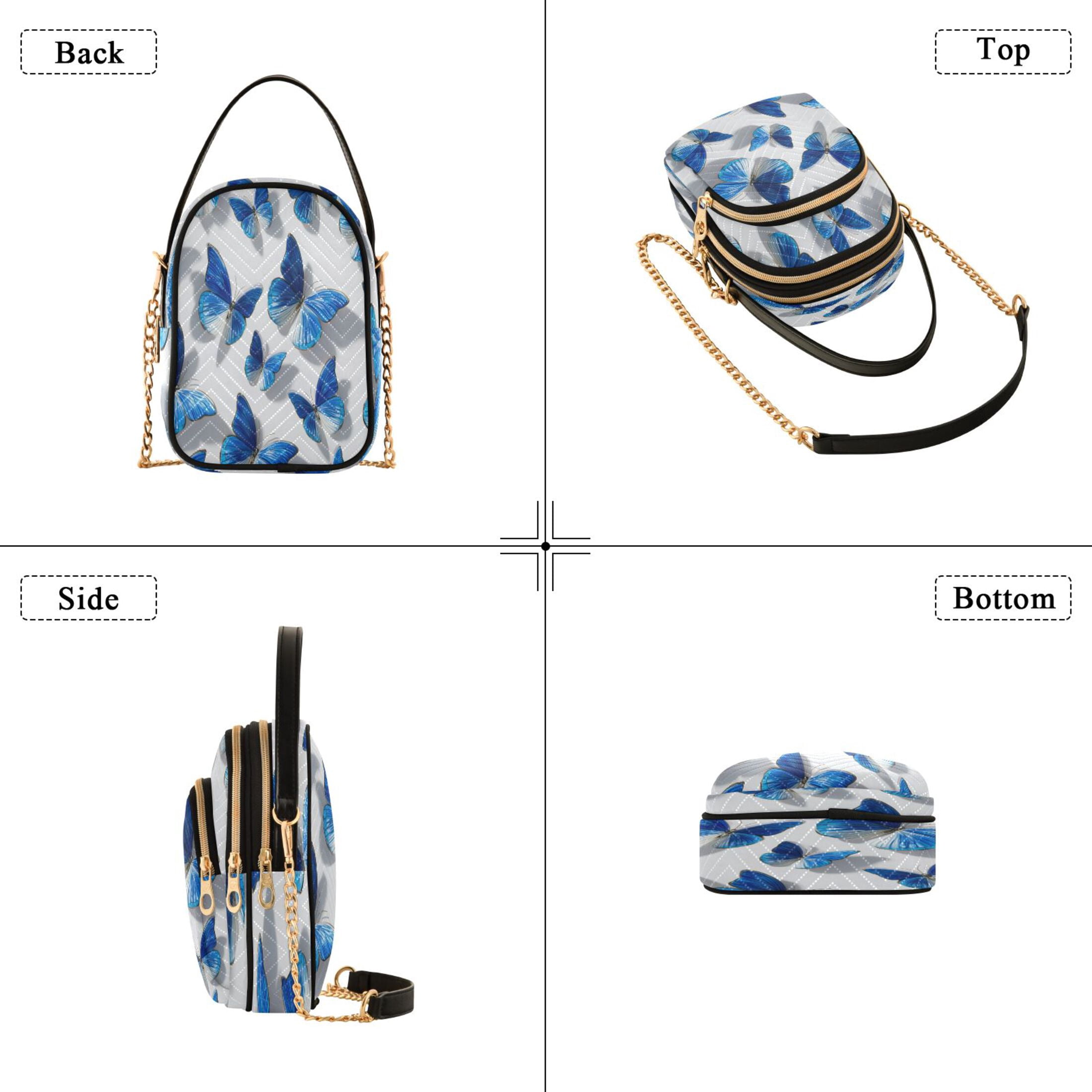 Quilted Women's Crossbody Bag Purses and Handbags with Detachable Leather Strap Blue and White Butterfly