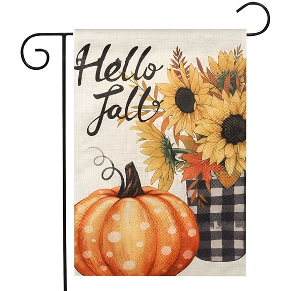 XIBUFE 2026 New Hello Fall Pumpkin Garden Flag Vertical Double Sided 12X18 Inch Small Yard Flag Thanksgiving Autumn Burlap Yard Seasonal Holiday Outdoor Decor for Garden, Yard, Porch, Patio, Balcony