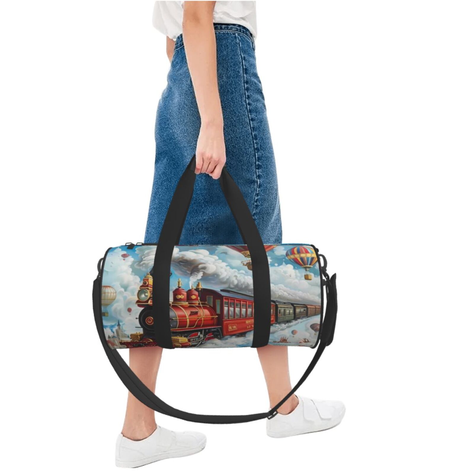 Vsdgher Red Train Hot Air Balloon 45L Foldable Duffel Bag, Sports Gym Bag,Overnight Bag, Portable Weekender Bag for Airplanes