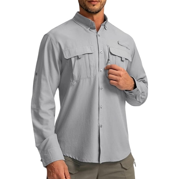 Havenx Men's Long Sleeves Fishing Shirts Button Down Collared Shirts with Zipper Pockets Solid Color Clothes Hiking Fishing Outdoor Summer Travel Clothing,Light Gray M