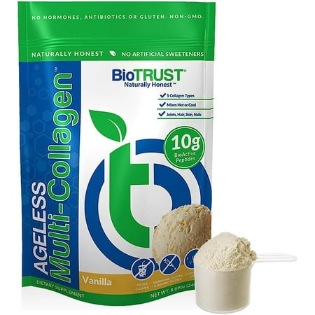 BioTrust Ageless Multi Collagen Peptides Powder – 5 Types (I, II, III, V, X) – Vanilla Collagen Powder for Women & Men – Hydrolyzed Protein – Grass Fed Beef, Fish, Chicken, Eggshell Membrane