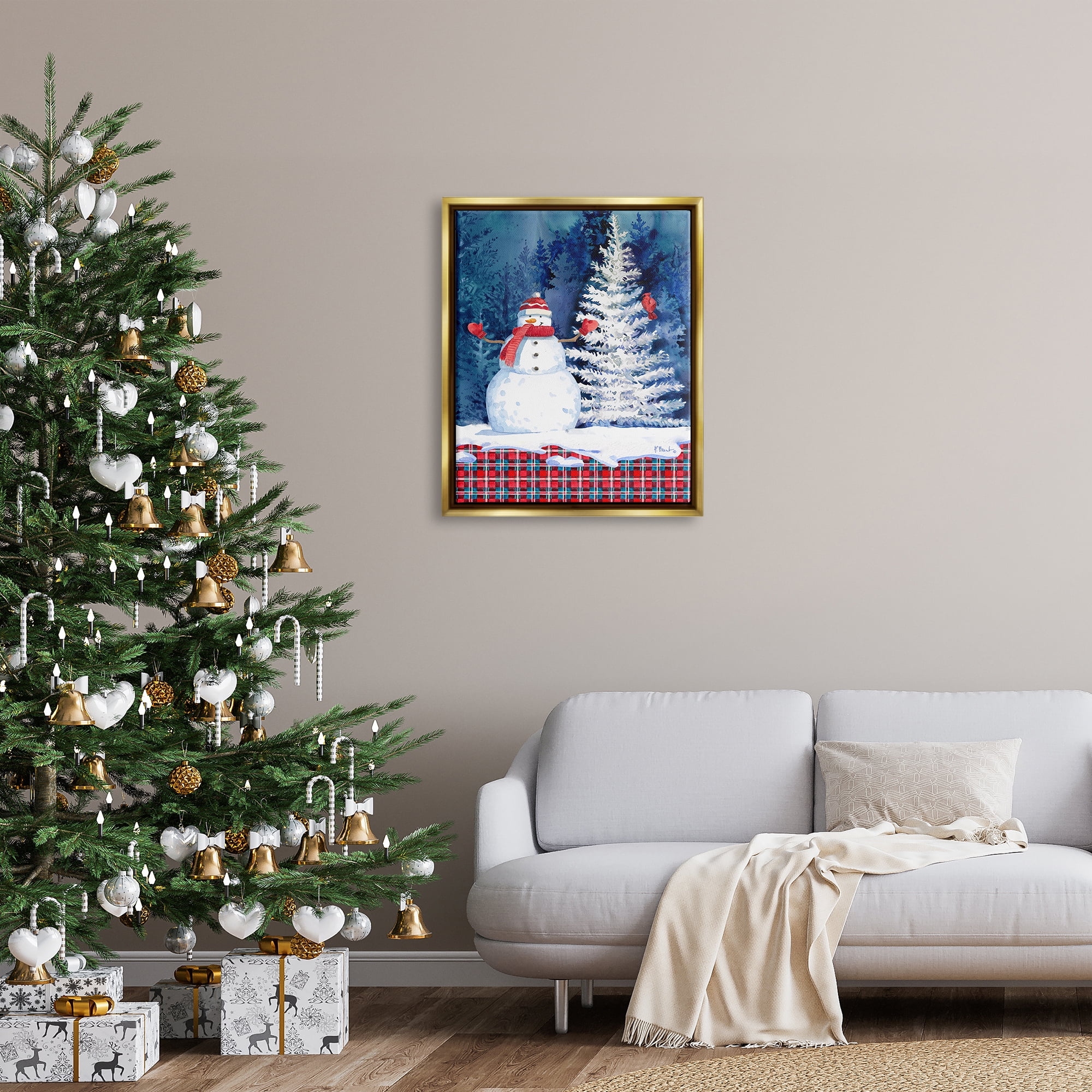 Stupell Industries Winter Snowman on Plaid Holiday Painting Gold Floater Framed Art Print Wall Art, 25 x 31