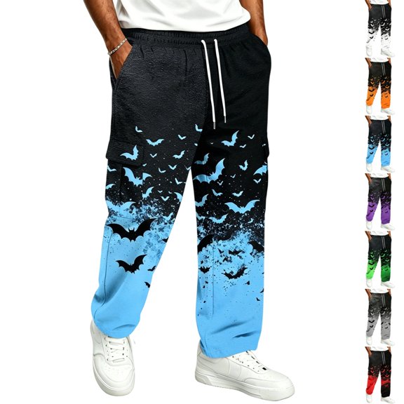 GrmtClth Plus Size Sweatpants For Men Halloween Pumpkin Bat All Over Print Cuffed Joggers Adjustable Drawstring Waist Side Pockets Holiday Casual Athletic Trousers Blue L