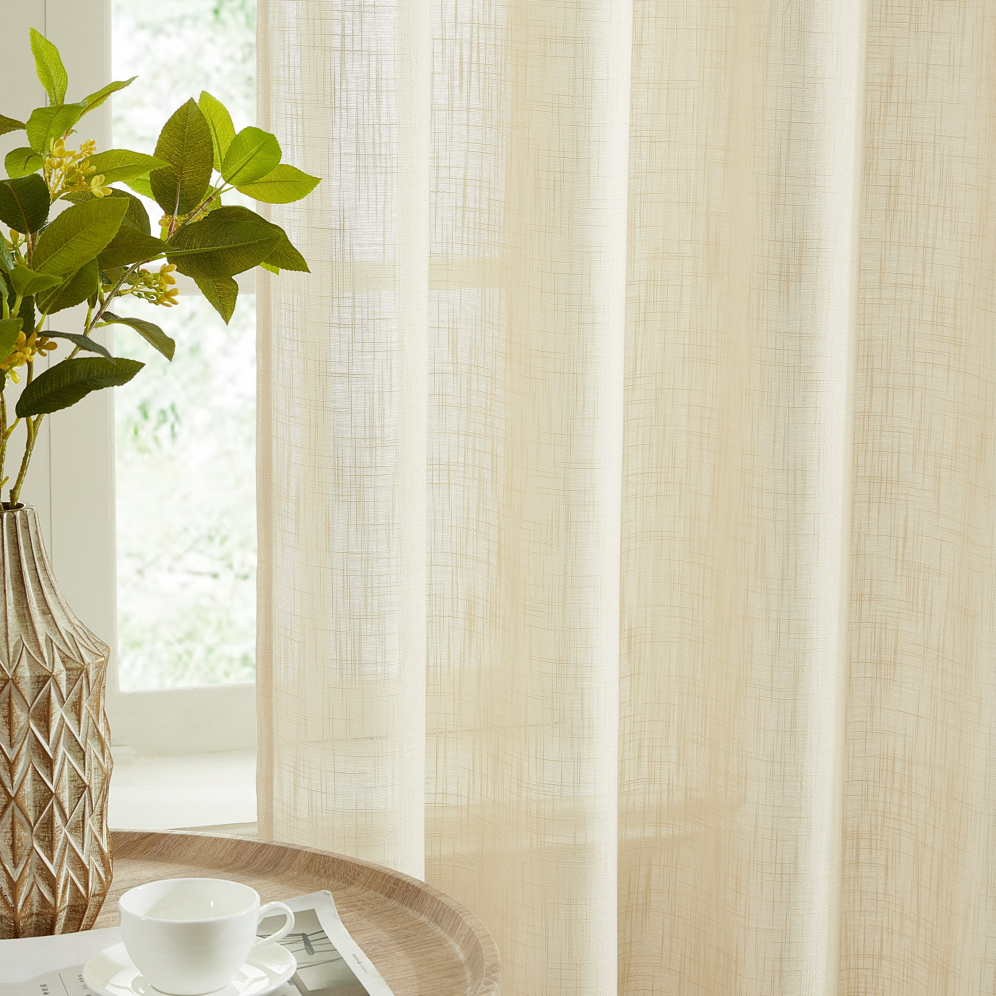 THD Lynda Faux Linen Textured Semi Sheer Light Filtering Window Rod Pocket Thick Drapery Panels Curtains for Bedroom & Living Room, Pair