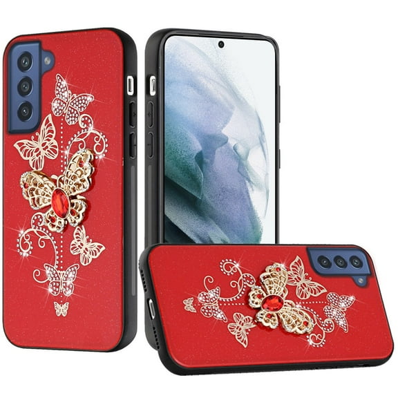 For Samsung Galaxy S22 Ultra Fashion 3D Diamond Bling Sparkly Glitter Ornaments Engraving Hybrid Metal Design Cover ,Xpm Phone Case [Red Garden Butterflies]