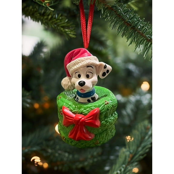 ORNAMENT 101 Dalmatians In Green Wreath & Santa Hat Holiday Disney Figurine 3”