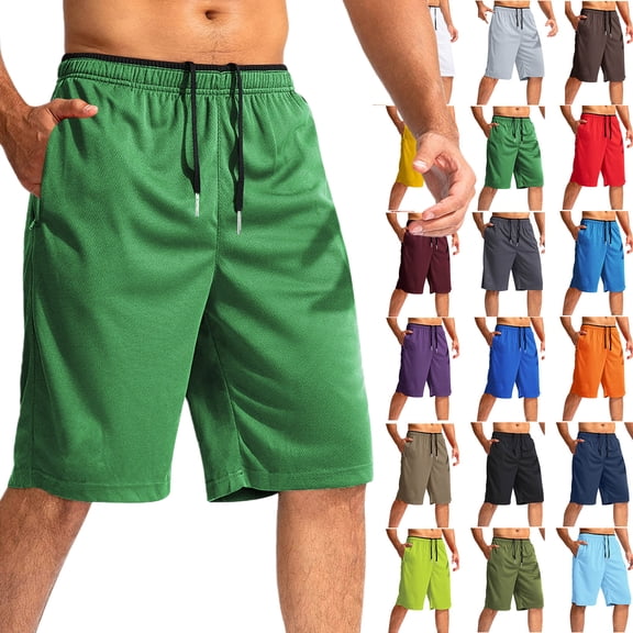 Vibrex Men's Shorts, Men's Fitness Running Shorts Solid Color Zipper Pocket Beach Shorts Sports Men's Shorts,Lightweight Running Shorts for Men Green_L