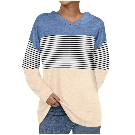 Fesfesfes Women Hooded Casual Fall Long Sleeve Hoodie Stripe Splicing Hooded Sweatshirts Pullover Coat Tops Clothes Sale