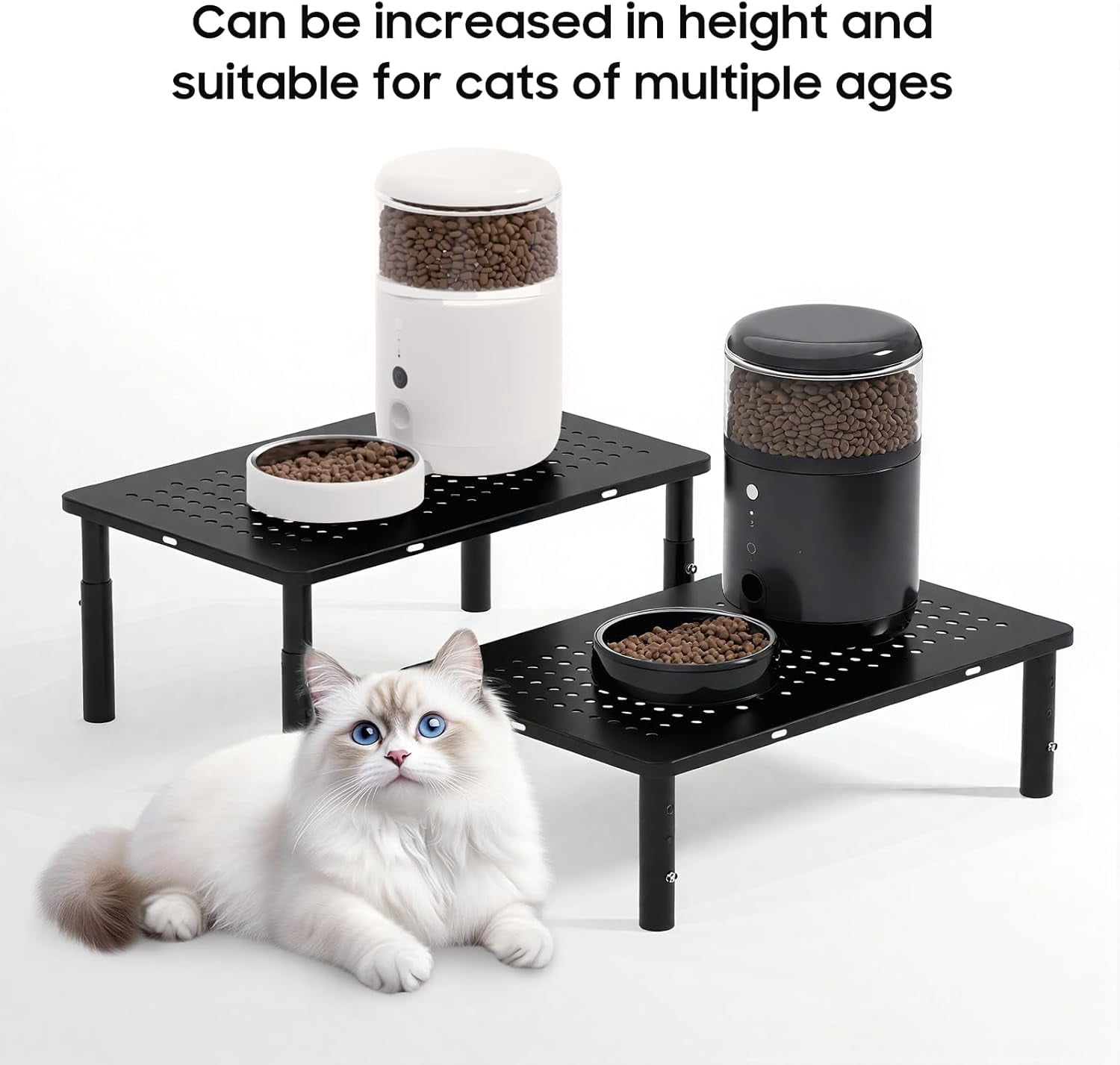 Adjustable Automatic Cat Feeder Stand - Non-Slip Elevated Holder for Cats/Puppies, Fits Most Automatic Feeders & Water Dispensers, Black(Holder ONLY)