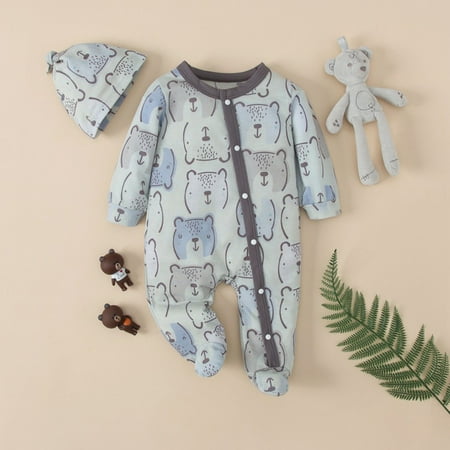 

URMAGIC 0-12M Baby Boy Girls Long Sleeve Footed Jumpsuit Tops and Hat Clothes