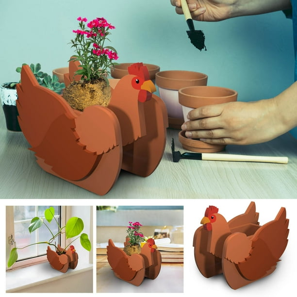 Ovzne Chicken Planter Pot Farmhouse Metal Rooster Hen Flower Pot