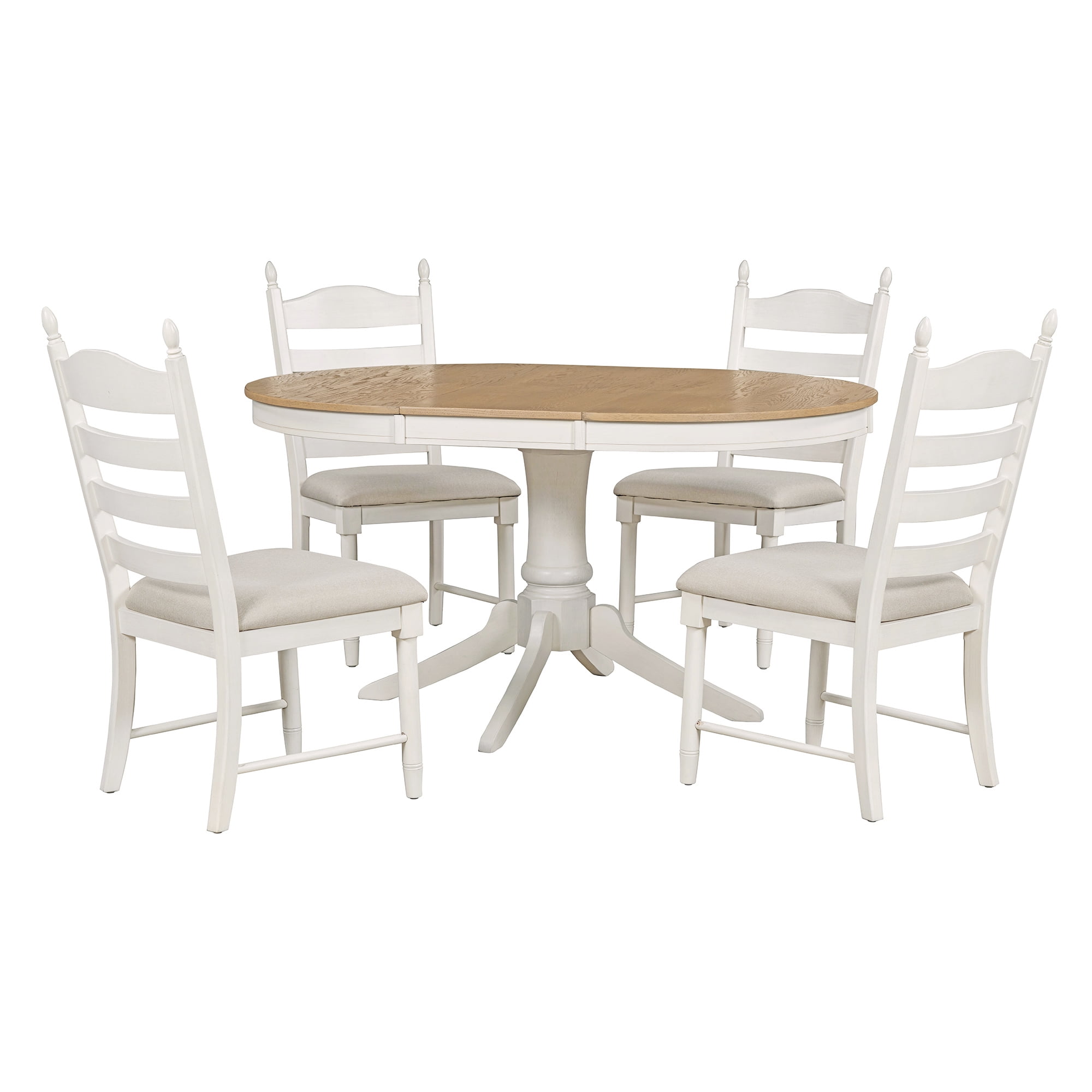 MAYEERTY 5-Piece Retro Functional Dining Table Set Wood Round Extendable Dining Table and 4 Upholstered Dining Chairs (Off White)