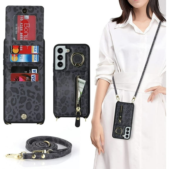 Samsung Galaxy S21 FE 5G Phone Case for Women with Card Holder,Samsung S21 FE Case Wallet Crossbody Lanyard with Strap,Credit Card Slots Kickstand Case with Ring Holder,6.4 Inch,Black Leopard