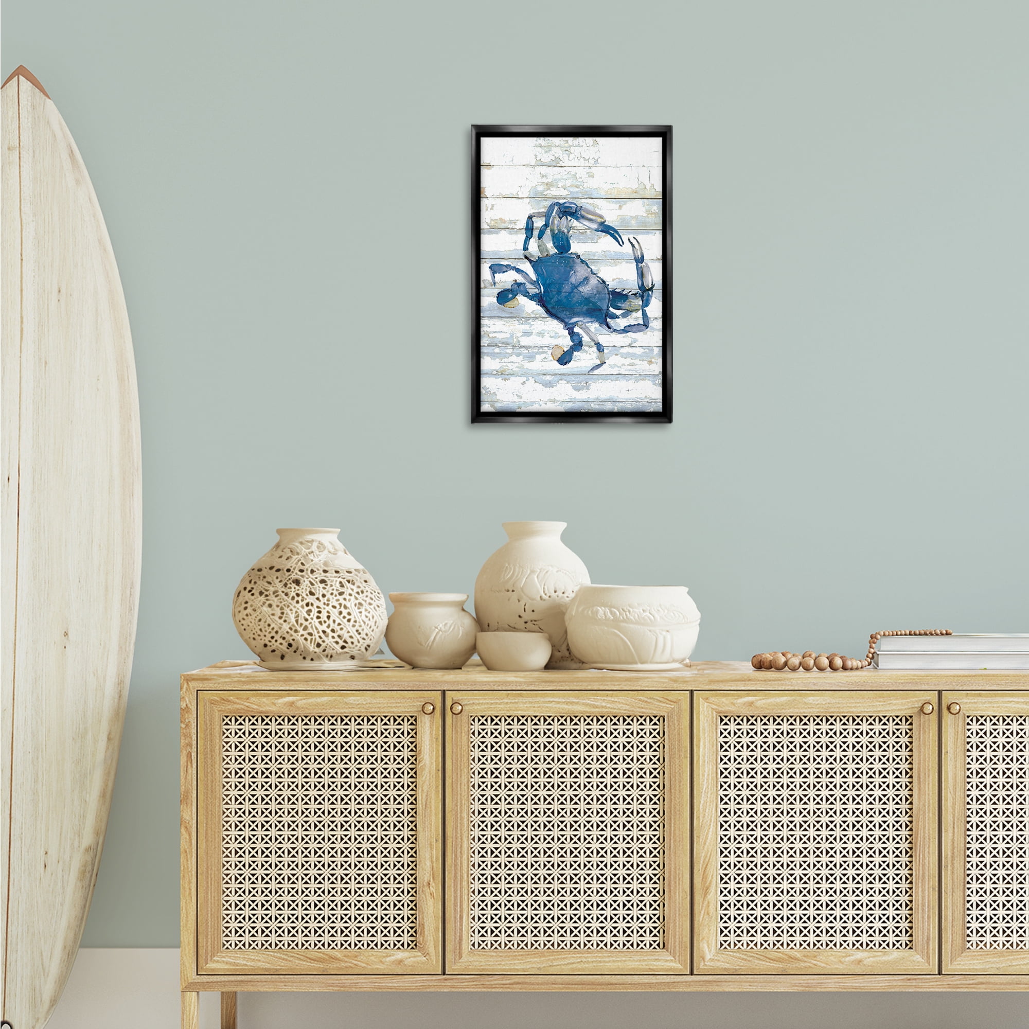 Stupell Industries Distressed Blue Ocean Crab Animals Painting Black Floater Framed Canvas Art Print Wall Art, 17 x 25