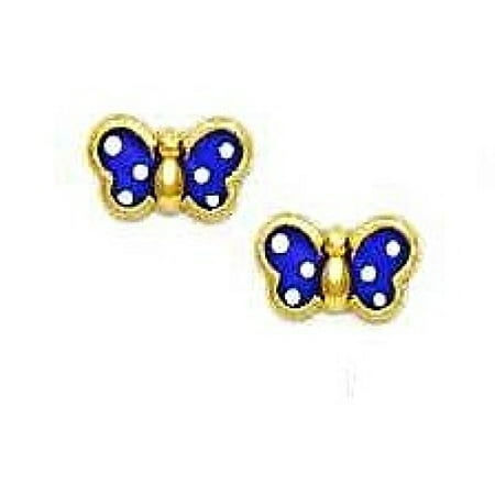14k Yellow Gold Purple Enamel Childrens Butterfly Earrings