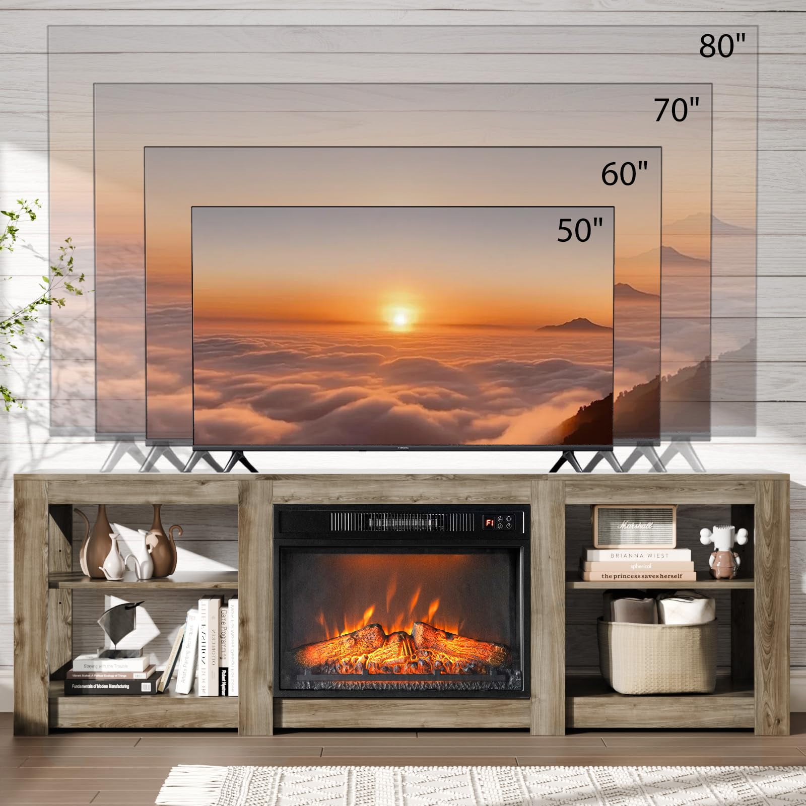 Fireplace TV Stand for up to 80 inch TVs, Farmhouse Entertainment Center with Electric Fireplace Heater & Adjustable Shelves, Fireplace Media Console Table for Living Room, Gray Oak