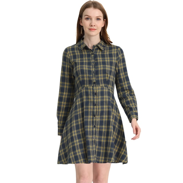 INSPIRE CHIC Robe Trapèze à Carreaux pour Femme à Boutons, Col en Pointe, Manches Longues
