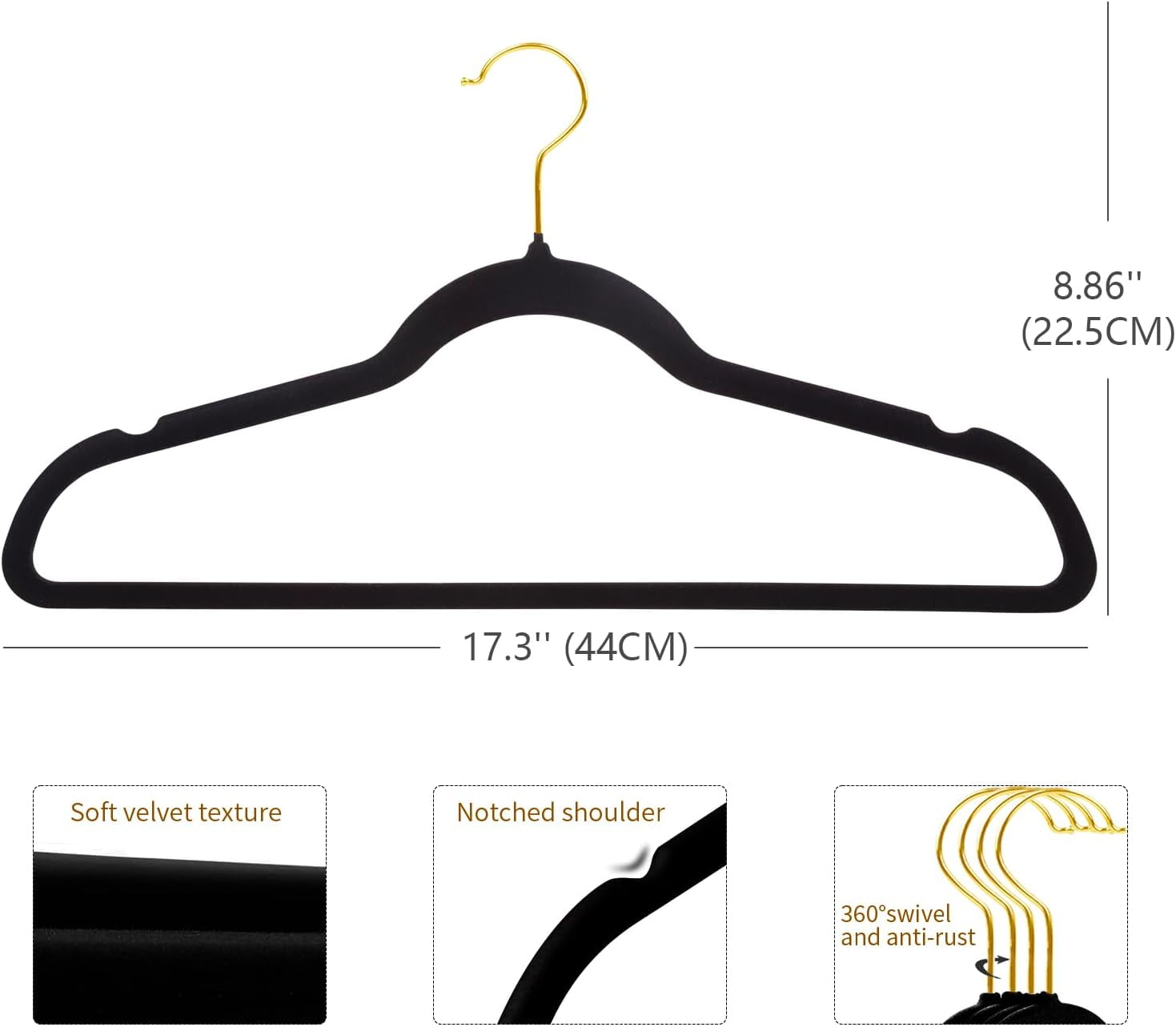 Velvet Coat Hangers with 360° Swivel Gold Hook, Non-Slip Felt Suit Hangers, Slim Space Saving Clothes Hanger for Jacket, Sweater, Shirt, Dress, Pants (22 Pack, Black)