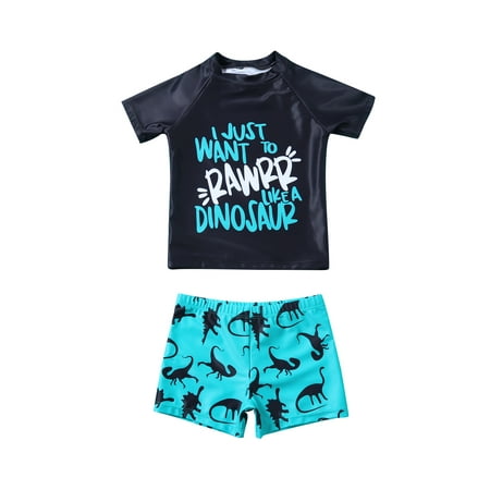 

DuAnyozu Boys Split Swimsuit Unique Letter Printed Tops and Cartoon Dinosaur Shorts