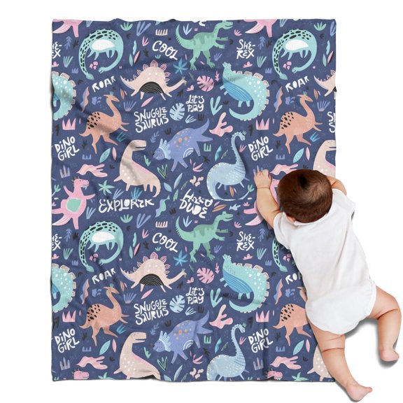 DarkBlue Cartoon Dinosaurs Text Pattern Blanket,Comfortable Soft Flannel Throw Blanket,All Season,Warm Lightweight Blankets for Sofa Bed Couch Living Room Chair,30"x40"
