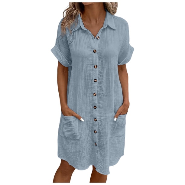 Vestido informal de mujer de color liso con botones y largo medio - Manga corta, corte holgado, cuello en V, prenda versátil para el verano