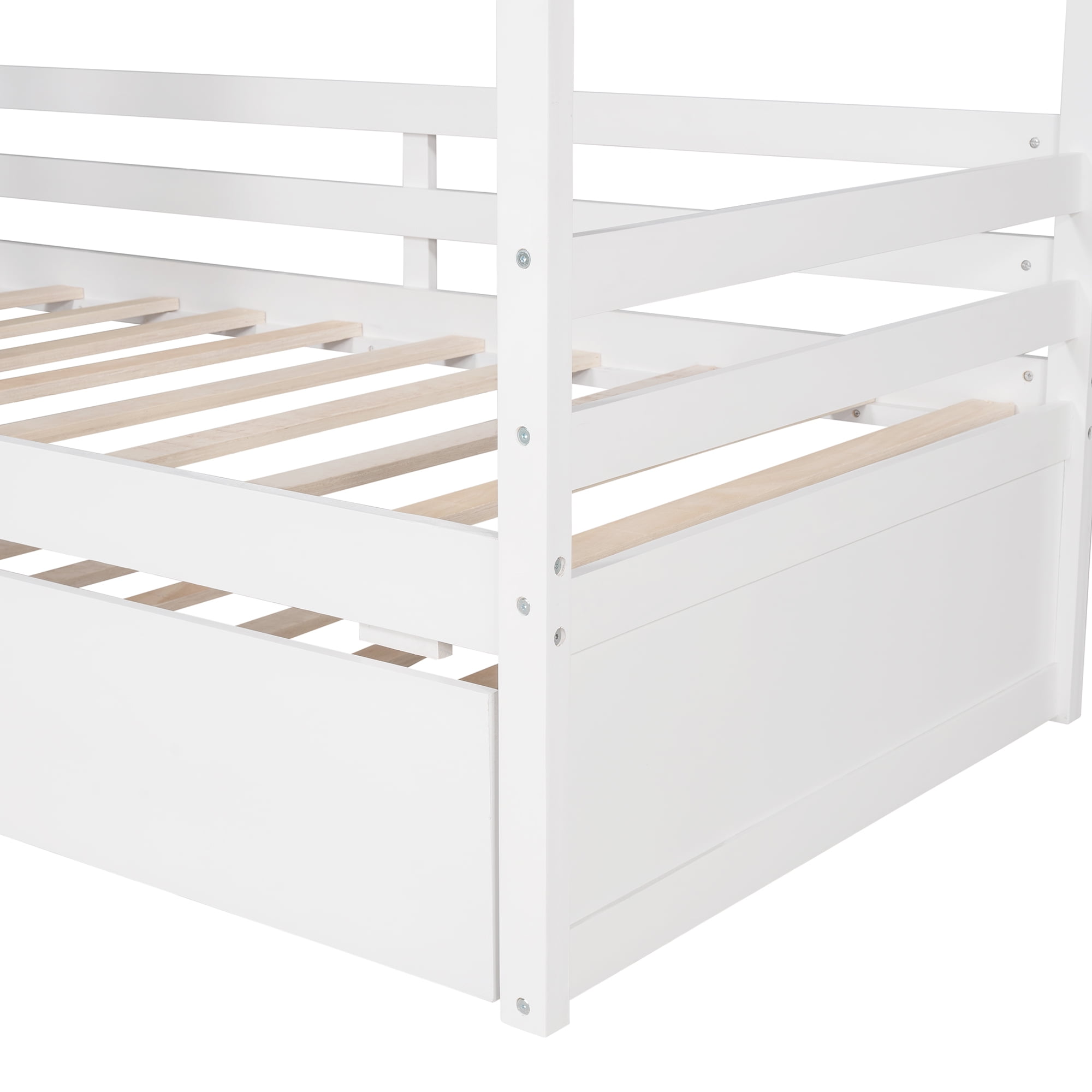 Harper & Bright Designs Twin House Bed with Trundle and Tent, House Twin Bed Frame with Roof and Windows, White