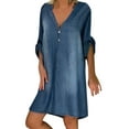 thumbnail image 3 of NSLGXD Women's Mini Denim Dresses Summer Casual Shirt Sun Dress Fashion Button V Neck 3/4 Sleeve Jean Dress with Pockets Blue XXXL, 3 of 9