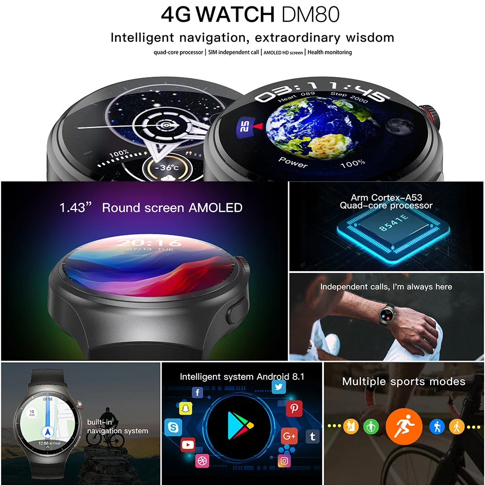UBABAI DM80 Smart Watch 2GB+16GB 1.43inch WIFI GPS 4G Network 1000mah Black Silicone Strap