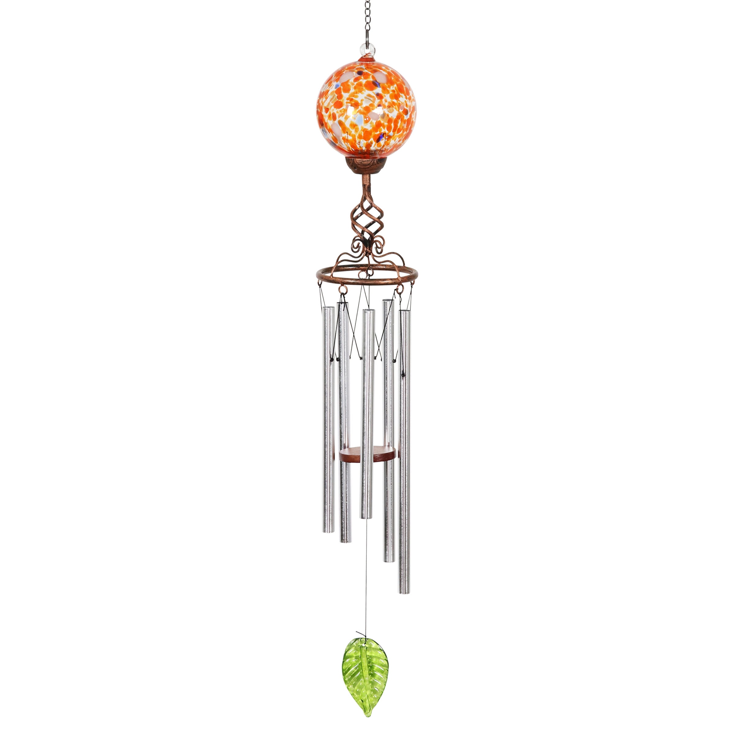 Exhart Solar Orange Glass Ball Wind Chime with Metal Finial, 5 by 46