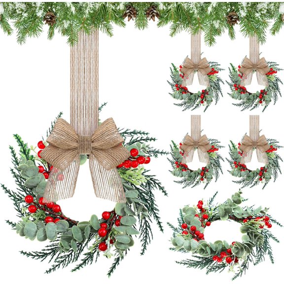 Guvpev 6PCS Mini Wreaths for Kitchen Cabinet 12 Inch Small Christmas Wreath with Burlap Ribbon Red Berry and Eucalyptus Leaves for Xmas Window Front Door Fireplace Chair Farmhouse Hanging Decor