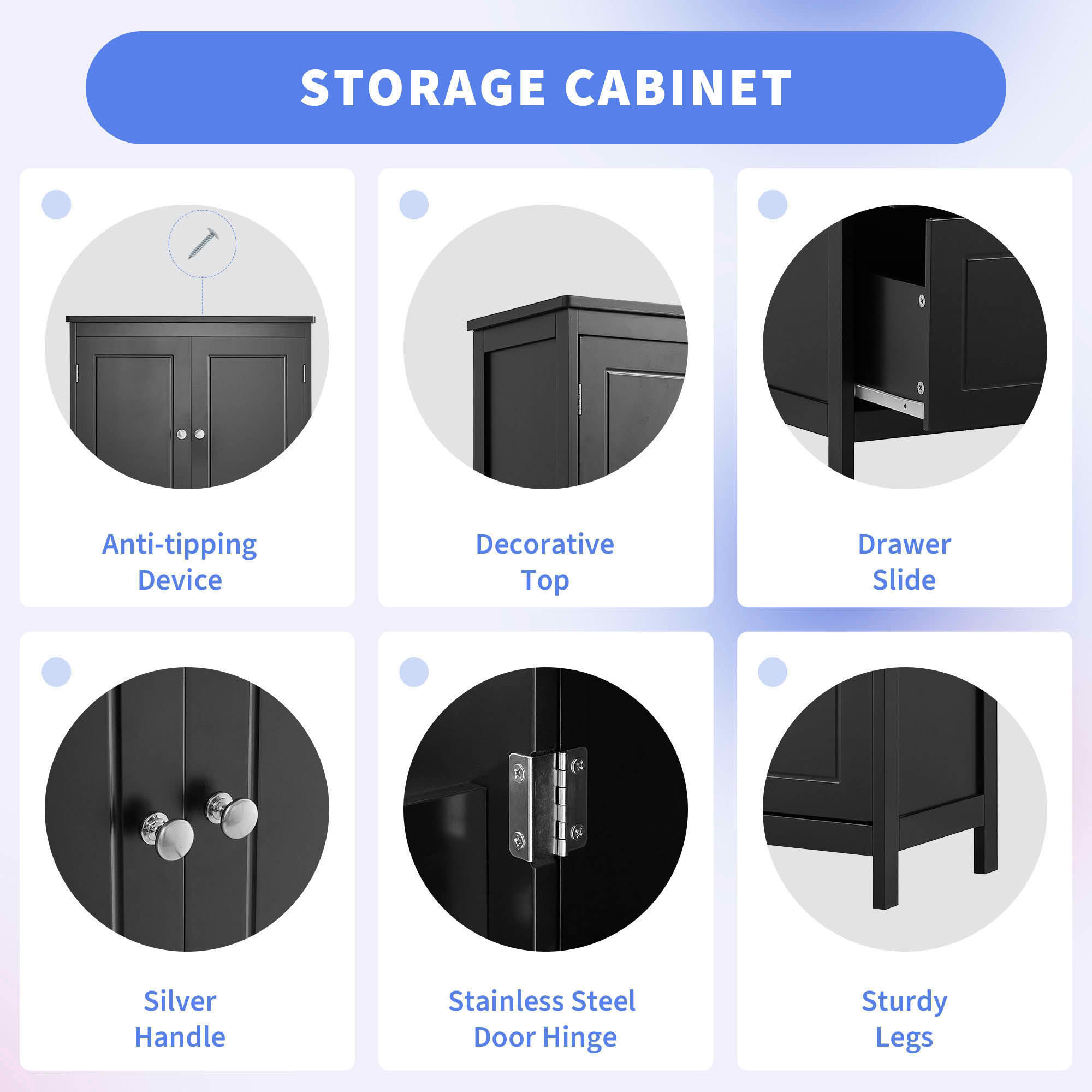 MAYEERTY Bathroom Cabinet 2 Doors Drawers Adjustable Shelf MDF Black