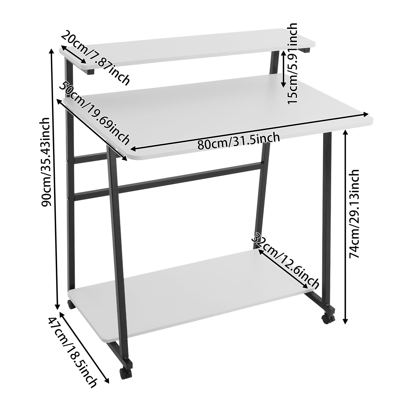 Free Standing Home Office Desk, Rolling 3-Tier Computer Desk (Black+ White)