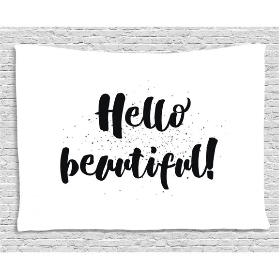Hello Tapestry, Hand Drawn Lettering Design Romantic Inspirational Quote Print in Black on Tiny Dots, Wall Hanging for Bedroom Living Room Dorm Decor, 80W X 60L Inches, Black White, by Ambesonne