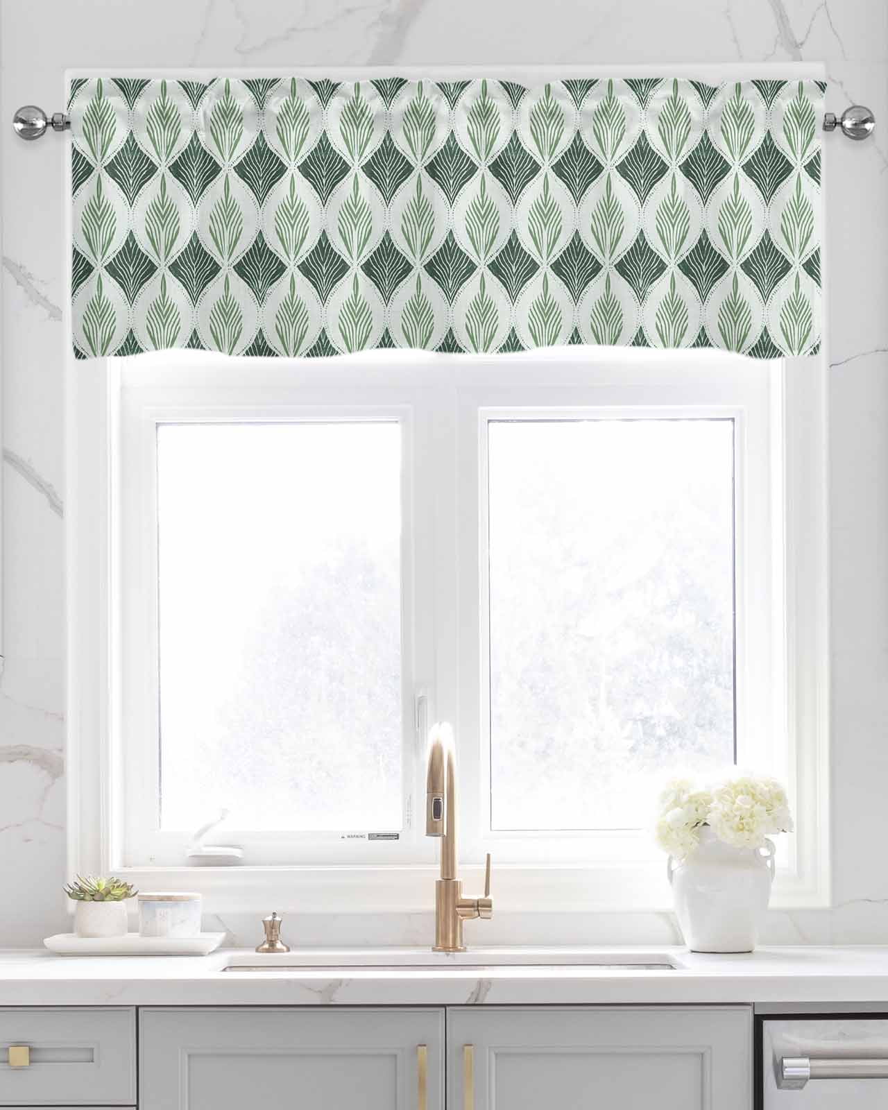 Green Grey Linen Curtain Valance for Bedroom/Bathroom/Kitchen/Office/Living/Dining Room Windows,Contemporary Abstract Geometric Art Rod Pocket Topper Drapes Decorative Cafe Drapery Panel 60x18