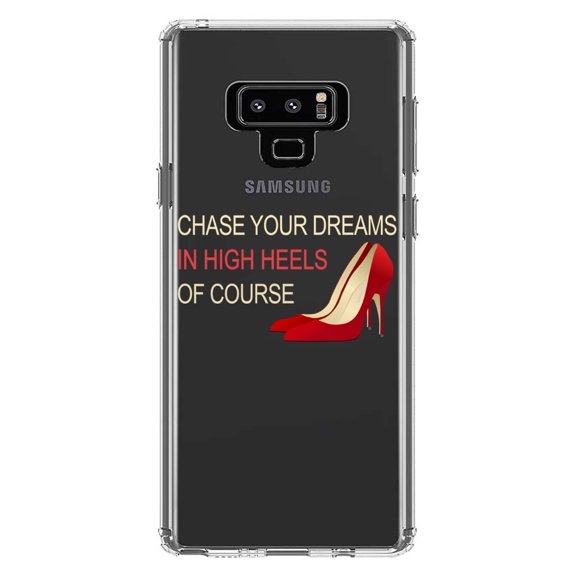 DistinctInk Clear Shockproof Hybrid Case for Samsung Galaxy Note 9 - TPU Bumper Acrylic Back Tempered Glass Screen Protector - Chase Your Dreams In High Heels Of Course