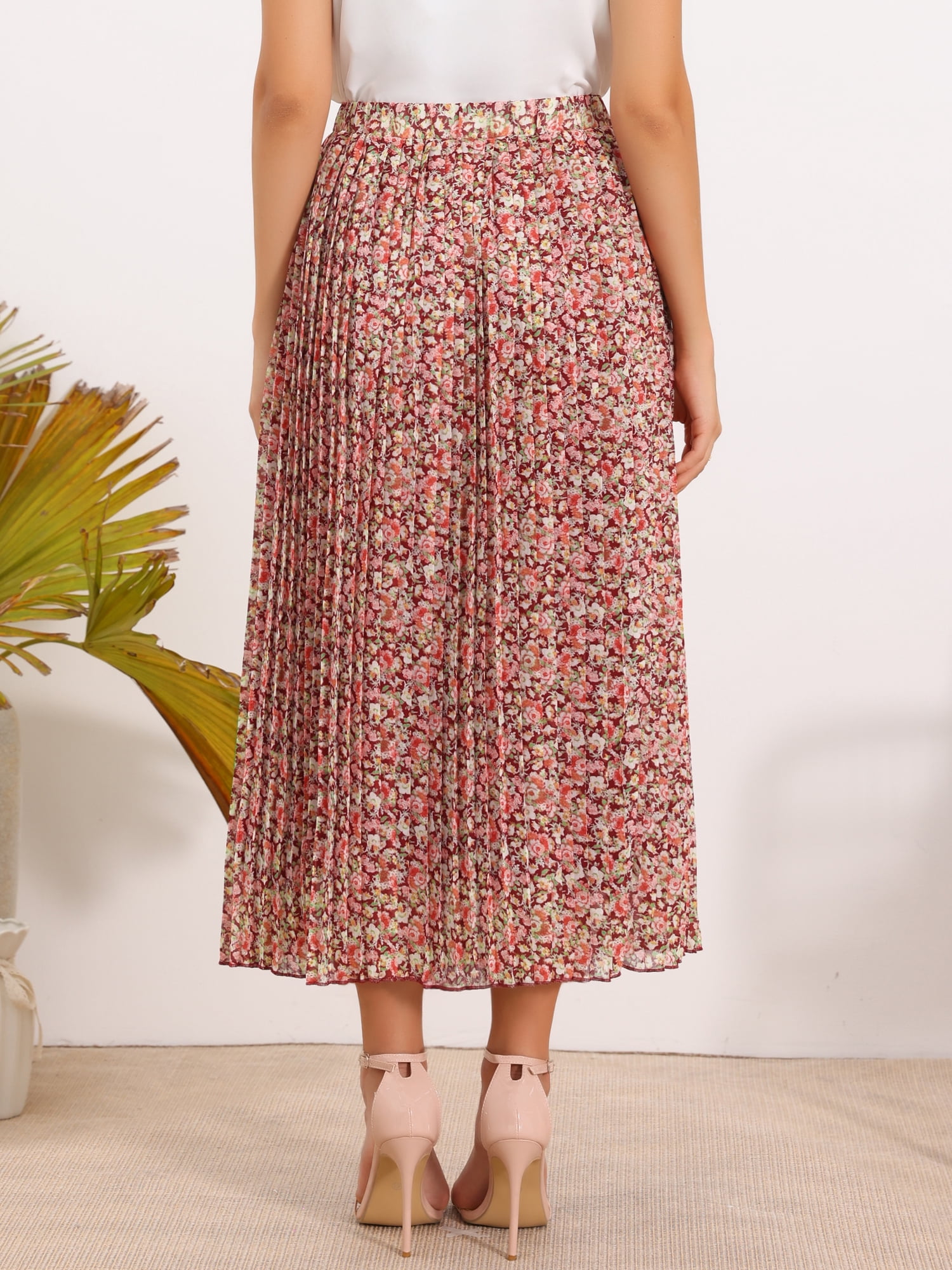 DARING DIVA Women's A-Line Elastic Boho Summer Floral Print Midi Skirts XS Red