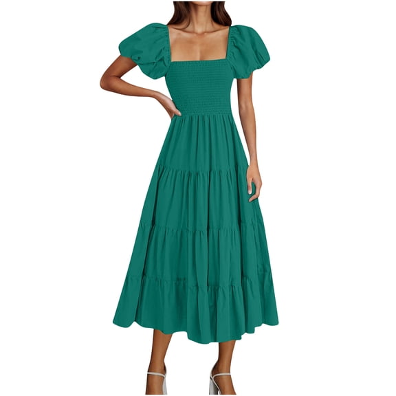 gljltg Women's Loose Casual Puff Sleeve Long Solid Color Dress with Print Pattern for Women, Spring Summer, Suitable for Party, Daily, Beach, Casual, Stylish Fashionable