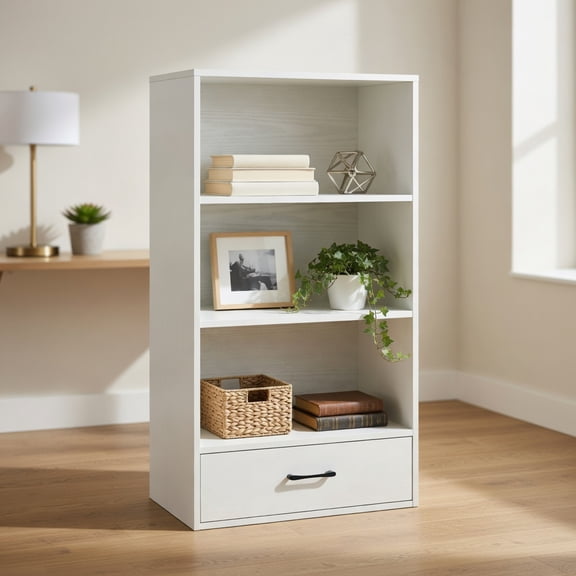 Spaco 48 Inch Tall 4 Tiers Wood Bookcase with Drawer-White, Tall Bookshelf, Shelves for Living Room, Home Office, Bedroom, Balcony