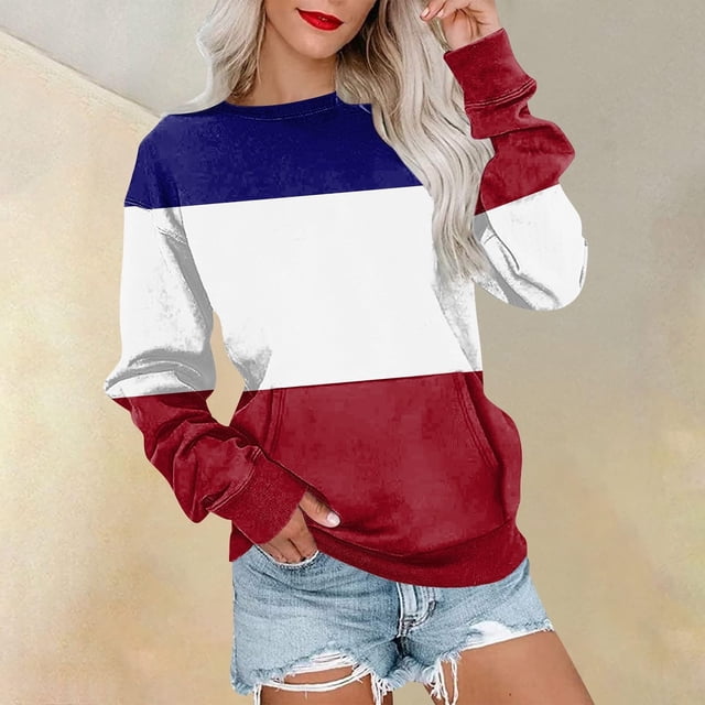Meichang Chandails en Molleton Légers pour Femmes Col Rond Manches Longues Chandail Décontracté Tendance à Blocs de Couleur Automne avec Poches