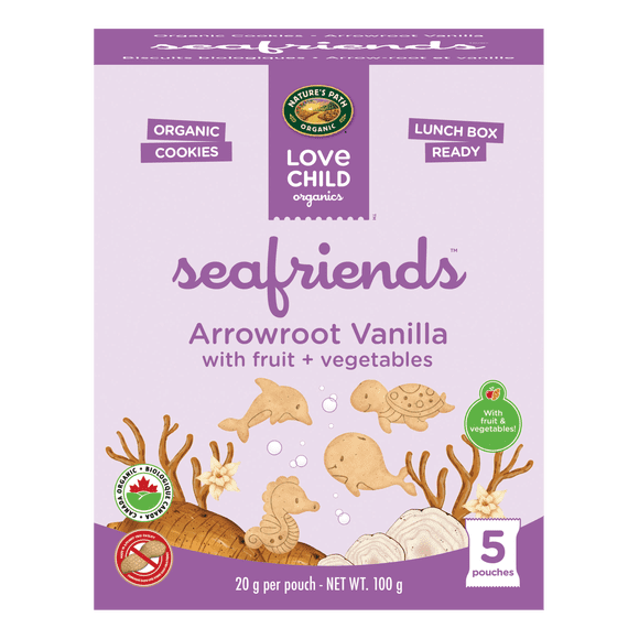 Love Child Organics Sea Friends Arrowroot Vanilla 5ct Snack Pack Cookies 100g Box