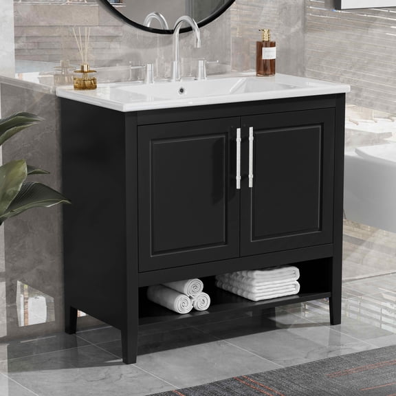 MAYEERTY 36" Bathroom Vanity with Sink, Multi-functional Cabinet with Doors Drawers, MDF Frame Board, Black