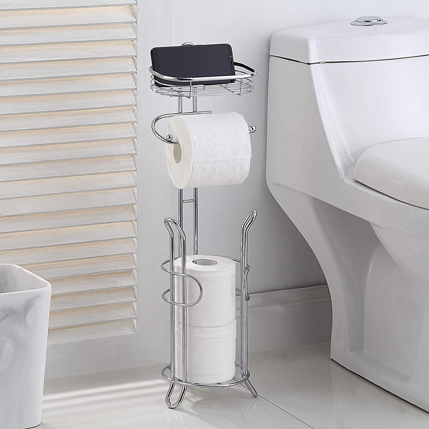 Bathroom Heavyweight Toilet Tissue Paper Roll Storage Holder Stand with Reserve and Shelve, The Reserve Area Has Enough Space to Store Mega Rolls. (Black)