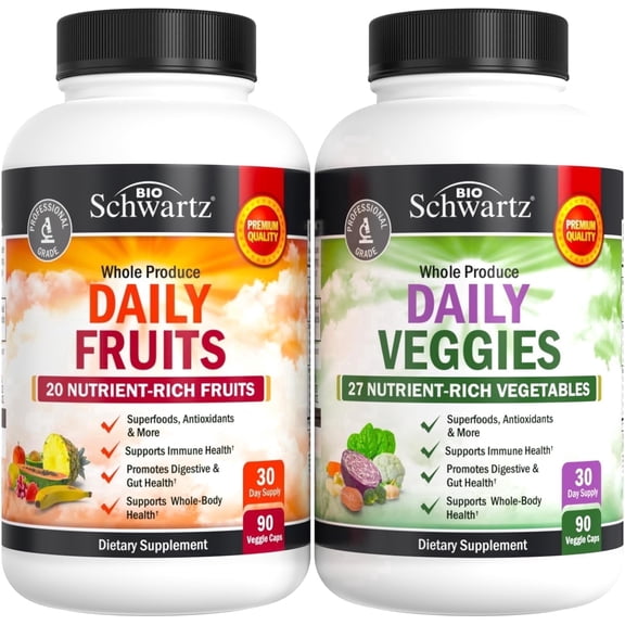 BioSchwartz Daily Super Fruits and Vegetables Capsules Supplement Vegan Gluten-Free for Adults Immune Support Gut Health 180 Capsules