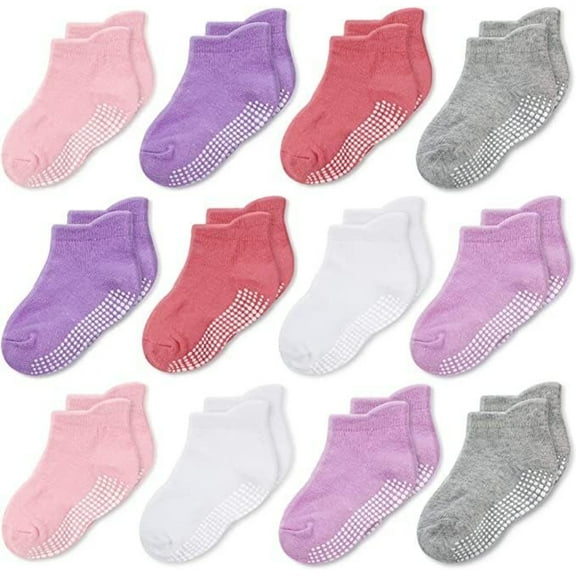 CozyWay Toddler Socks with Grippers - Cotton Gripper Socks for Toddlers - Soft Stretch Reinforced Toe Non-Slip Ankle Grip - 3T-5T, Pink Gray & Purple, 12 Pack