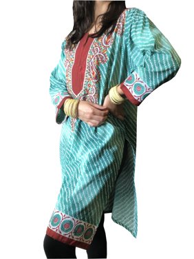 Mogul Women Blue Bandhani Print Embroidered Summer fashion Ethnic Kurti Tunic Long Dress L