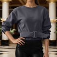 thumbnail image 4 of Women's Minimalist Cropped Sweatshirt - Round Neck Long Sleeve Button Waist Cinching, Loose Fit Casual Outfit Top For Winter,Size:L, 4 of 4