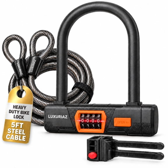 Luxuriaz 4-Digit Resettable Combination Bike U-Lock with 5ft Cable | Secure Bicycle Frame and Wheels
